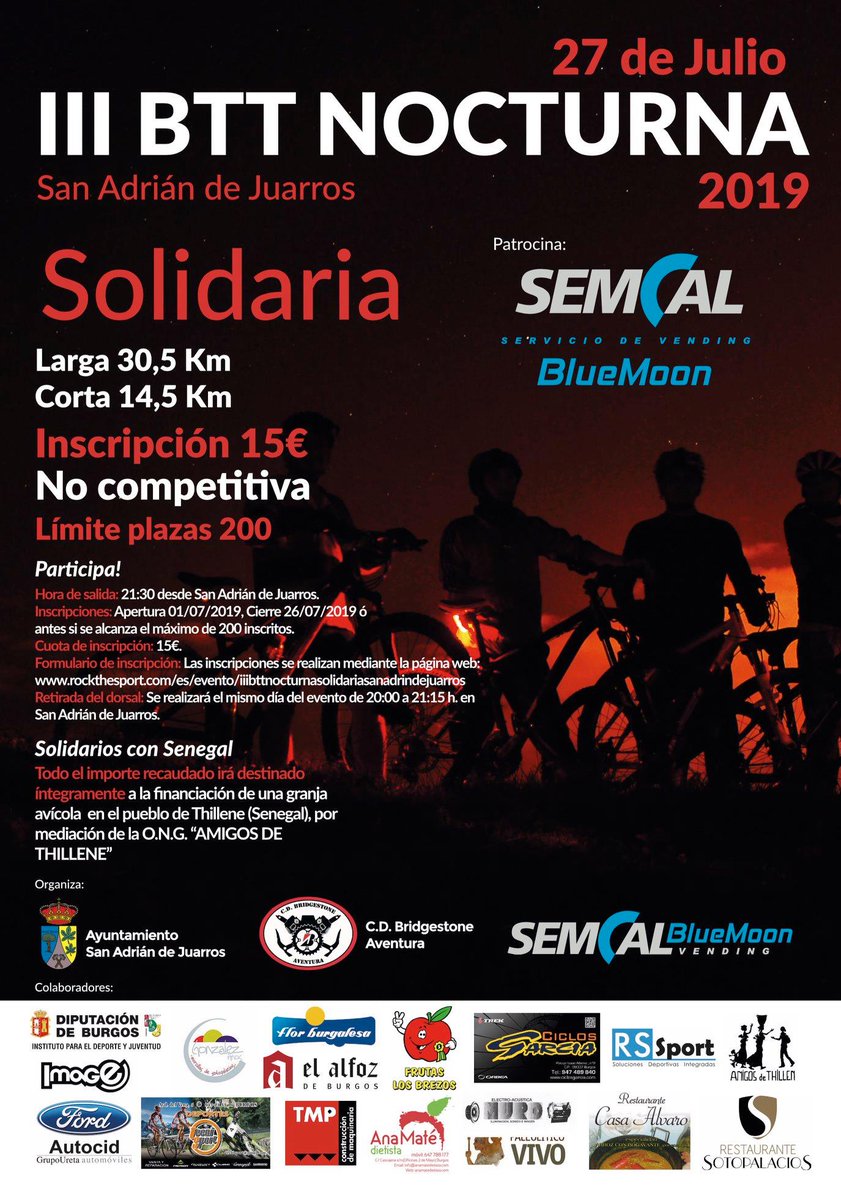 AEPVBurgos's tweet photo. Si te gusta andar en bici, no te pierdas el próximo 27 de julio la III BTT Nocturna San Adrián de Juarros, patrocinada por #Semcal.
Inscripción: https://t.co/j2ZBA2u0EX https://t.co/0fl43TYgp6