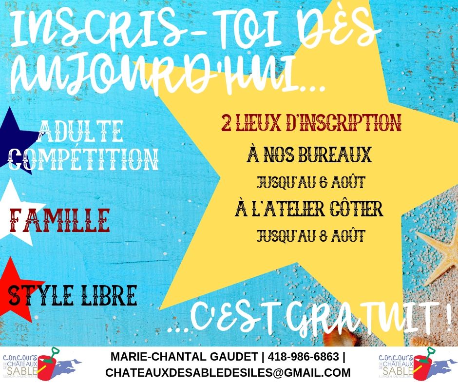 chateauxdesable's tweet photo. CONCOURS DE CHÂTEAUX DE SABLE
Inscris-toi...c'est gratuit!

MONTAGE: Vendredi 9 août
CONCOURS: Samedi 10 août (dimanche le 11 août s'il pleut)

Rendez-vous au Centre Joe-LeBourdais, bureau 216, avant le 6 août, ou à l'Atelier Côtier avant le 8 août!

#chateauxdesabledesiles https://t.co/vw6jw8ciRh