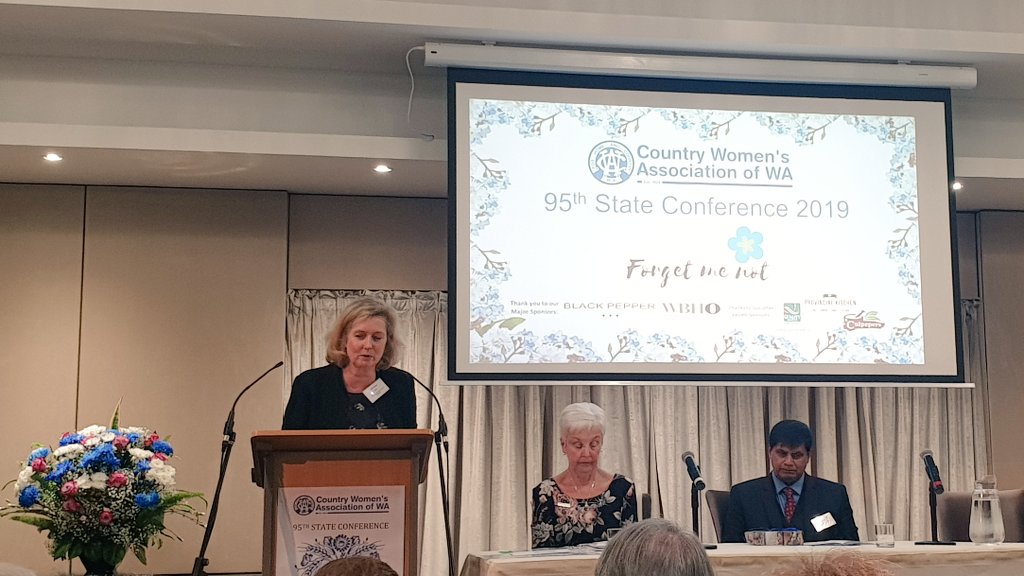 Meganaam's tweet photo. At the #CWAWA 95th conference open. CWA chosen charity for the past 12 months was Alzheimer Foundation. Outgoing President, Heather Allan, presented a cheque for $50k. Great to hear from Lisa (AF CEO) on how the proceeds are used. #alzheimersdisease #wapol #health #givingback https://t.co/mZ95aXmMuc