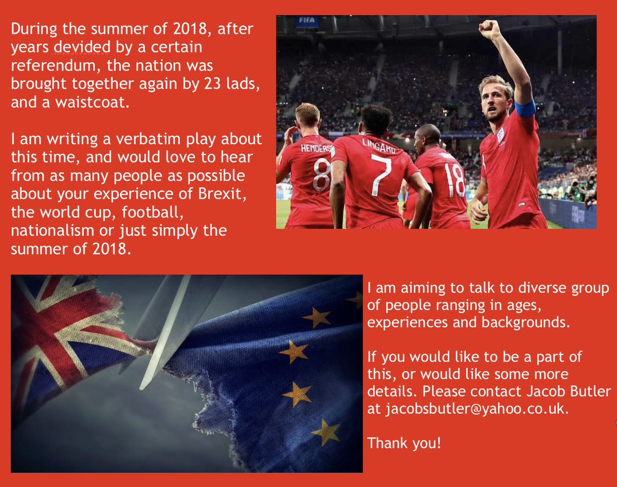 Hello Twitter, me again. 

So I’m looking to write a verbatim play about nationalism in sport, and it’s finally time to start interviewing! 

If you’re interested or know anyone who would be interested in helping me out with this, that would be great! 

Also please retweet🙌🏻 ⚽️