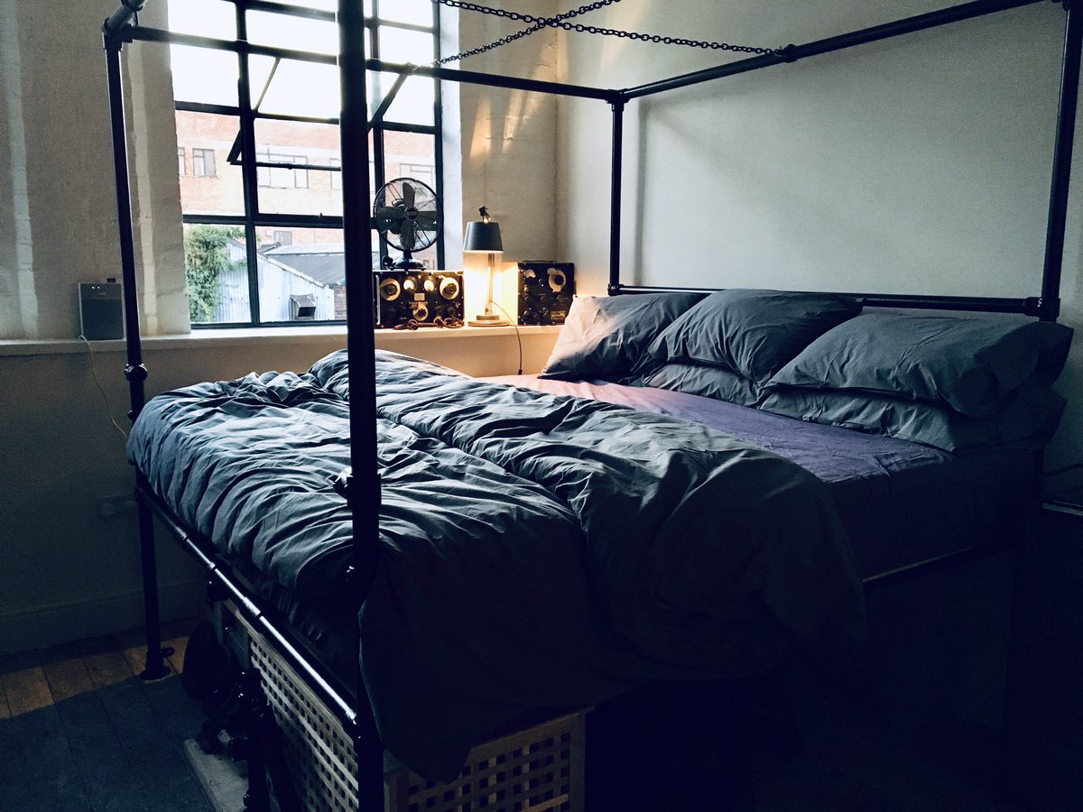 MisterCage3's tweet photo. Our facilities include a bespoke, hand-made, emperor sized steel four poster bed featuring a memory foam mattress, suspended steel #collar, chains and clamps for device #bondage. It’s a lot more comfortable than it sounds! #luxuryBDSM https://t.co/F1xkBNFs3x