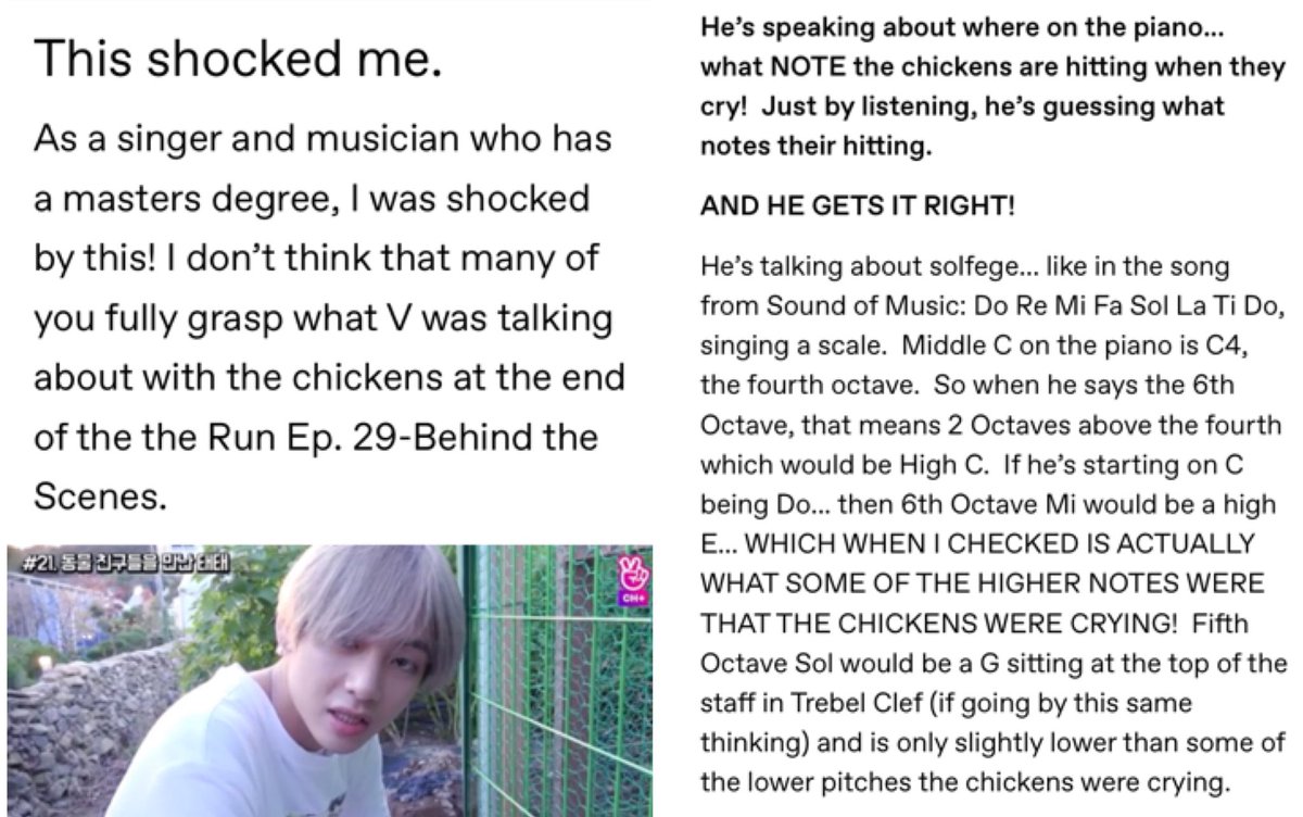 sceneryfortae's tweet photo. In case you don’t know, Taehyung has “perfect/absolute pitch”, a rare ability to identify the exact note just by a sound something makes. He recognized the pitch in which chickens cry instantly. He shocked even music experts, called him a music genius.

#Taehyung #BTSV @BTS_twt https://t.co/KItaVarzV8