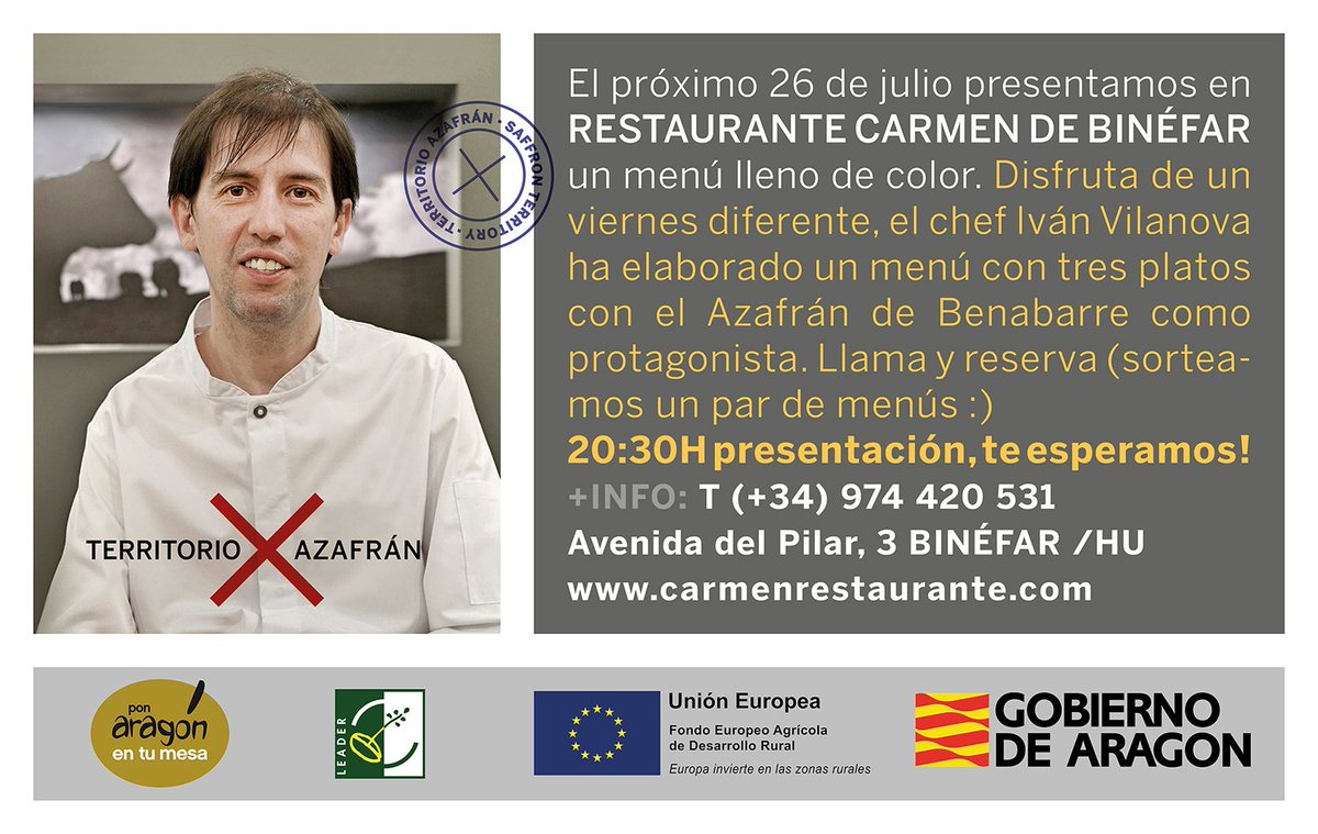 CEDERORIENTAL1's tweet photo. ¡Viernes! ¿Hay una manera mejor de empezar el fin de semana que con un menú degustación con #azafrán? @aragonentumesa presenta el proyecto #TerritorioAzafrán en el Restaurante Carmen de #Binéfar Aún hay plazas ¡Reserva! https://t.co/PSAnchucy8