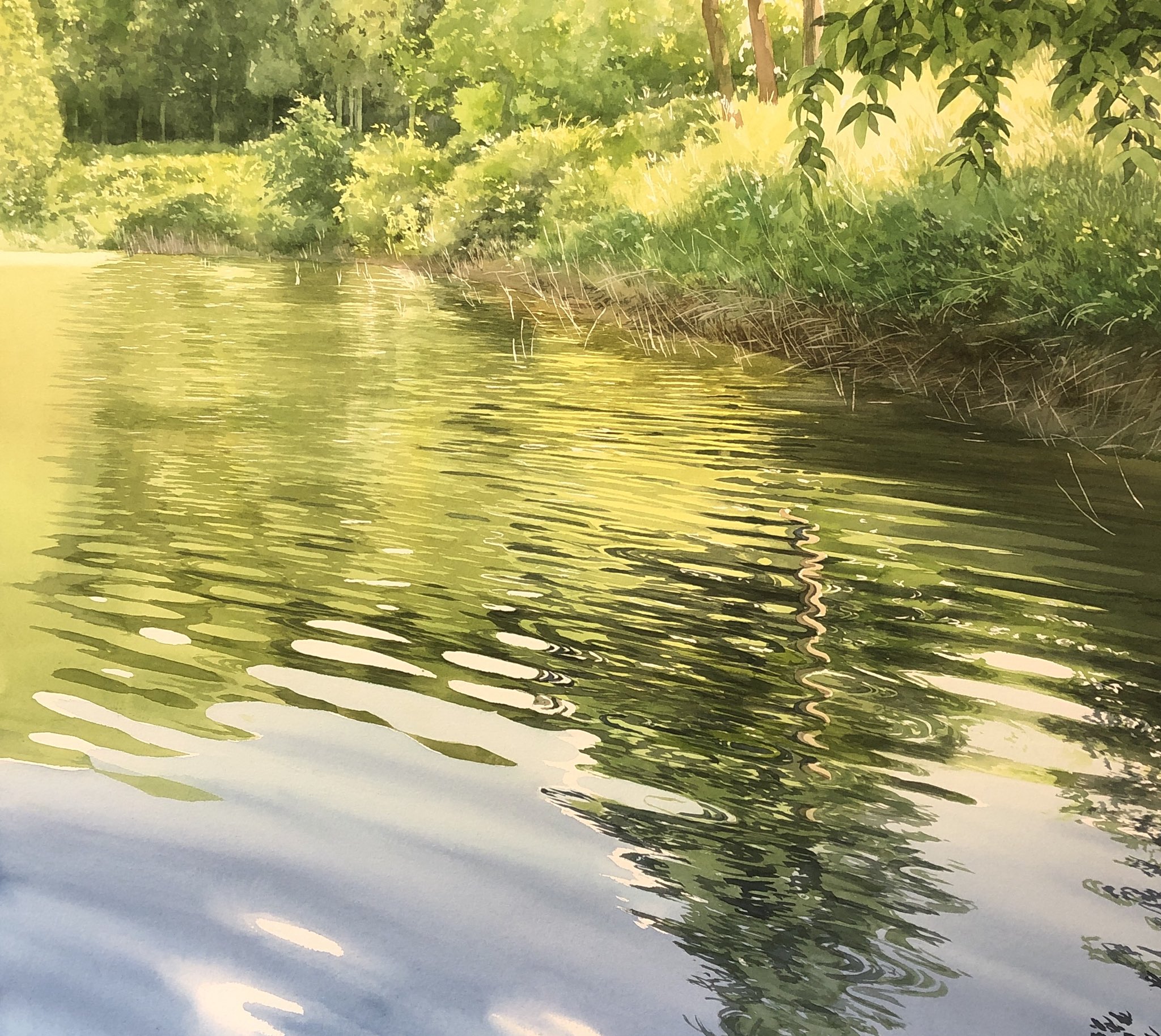 水彩画の風景 ボートと水面の反射 水彩画の風景 ボートと水面の反射