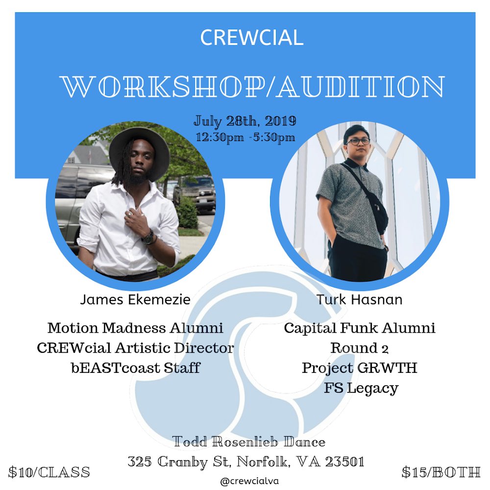 CREWcialVA's tweet photo. We’re less than a week away from our next workshop/audition! Come out and join the fam or come out to dance and have fun with us! Will you be there?? @turkhasnone @jamesezie #vabeach #vabeachdance #norfolk #norfolkdance #dmv #dmvdance  #757dance #danceworkshop #danceaudition https://t.co/jAVSNqxxoY