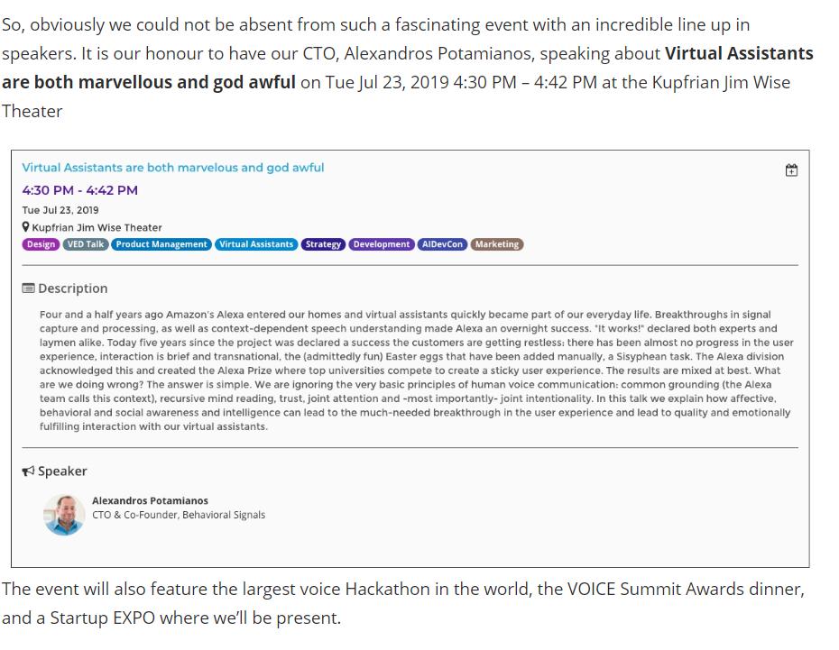 behaviorsignals's tweet photo. .@VoiceSummitAI we're here! Dont miss our Alex Potamianos @apotam on "Virtual Assistants are both marvelous &amp; god awful" voice #emotion recognition &amp; behavioral prediction at the forefront of natural language processing Tue/4:30 https://t.co/0XXyMwJtjn  #VOICE19 #VUI #VoiceFirst https://t.co/jXTRKcD8xY
