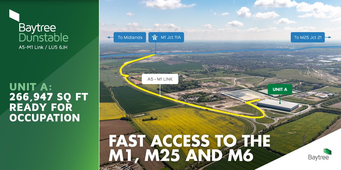 <a href="/BaytreeLP/">Baytree</a> Dunstable provides fast access to the M1, M25 and M6. Unit A is available for immediate occupation offering 266,947 sq ft - see more at baytree-dunstable.com #dunstable #baytreeedge #bigsheds #logistics #warehouse