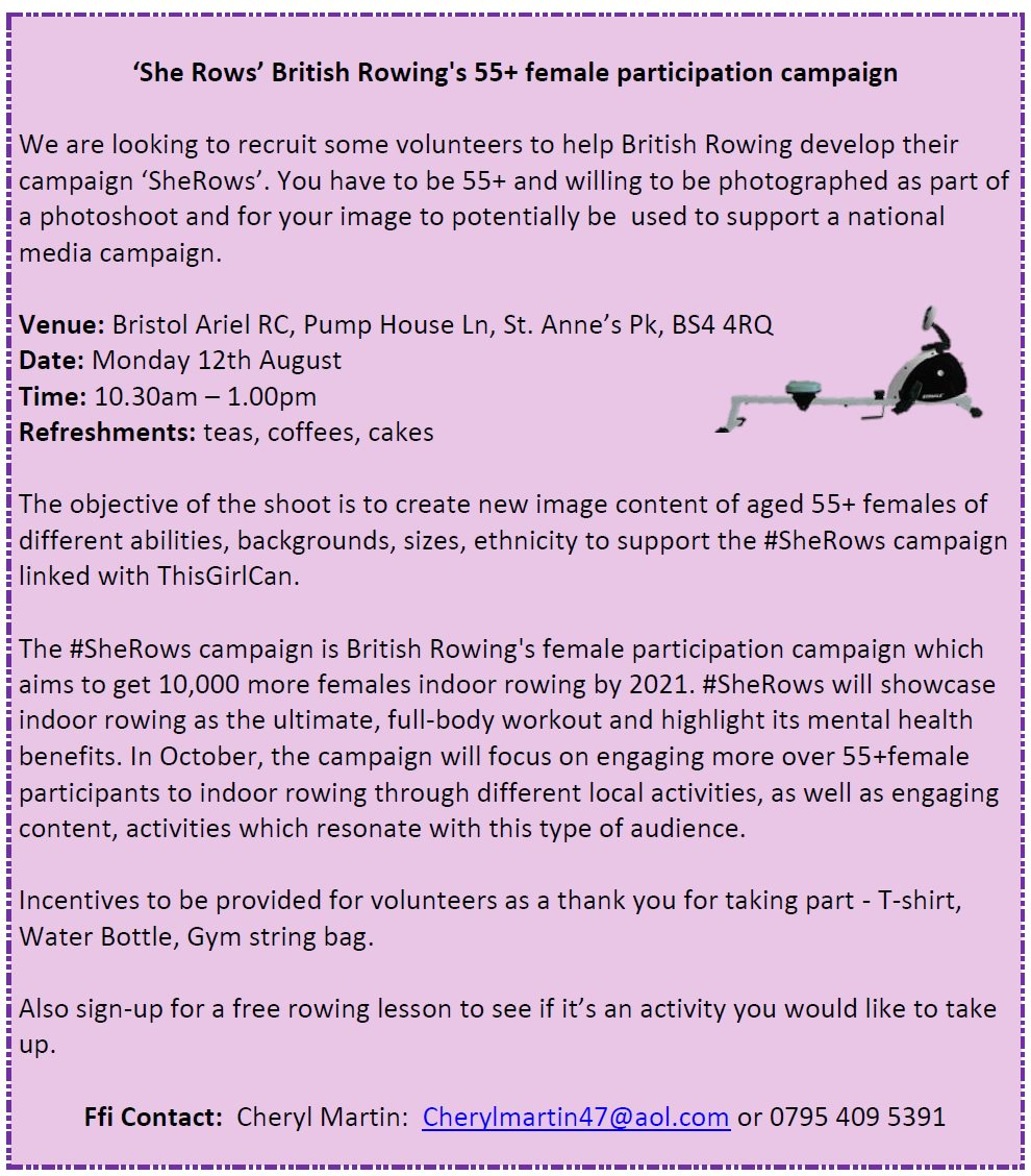 Bubz54's tweet photo. This sounds like a fit & fun few hours with the option to try out rowing for women 55+. Please & share & hope to see you there :) @ActivAgeingBris @LinkAgeNetwork #StMonicaTrust @KWMC #KnowleWestAlliance @theparkknowle @SheRows @Bristol_People https://t.co/fMNo6M1OF4