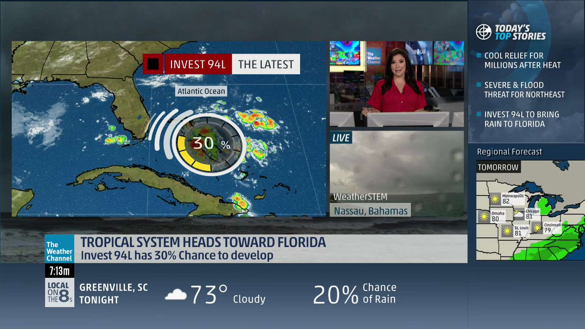 FeliciaCombsTWC's tweet photo. Talking #tropics this morning on #WeatherCenterLive from 9am - 1pm ET.
#94L now has a 30% chance of development.
Regardless of development this system is going to bring some wet weather to Florida through midweek.
@weatherchannel https://t.co/1xa41BAXOn