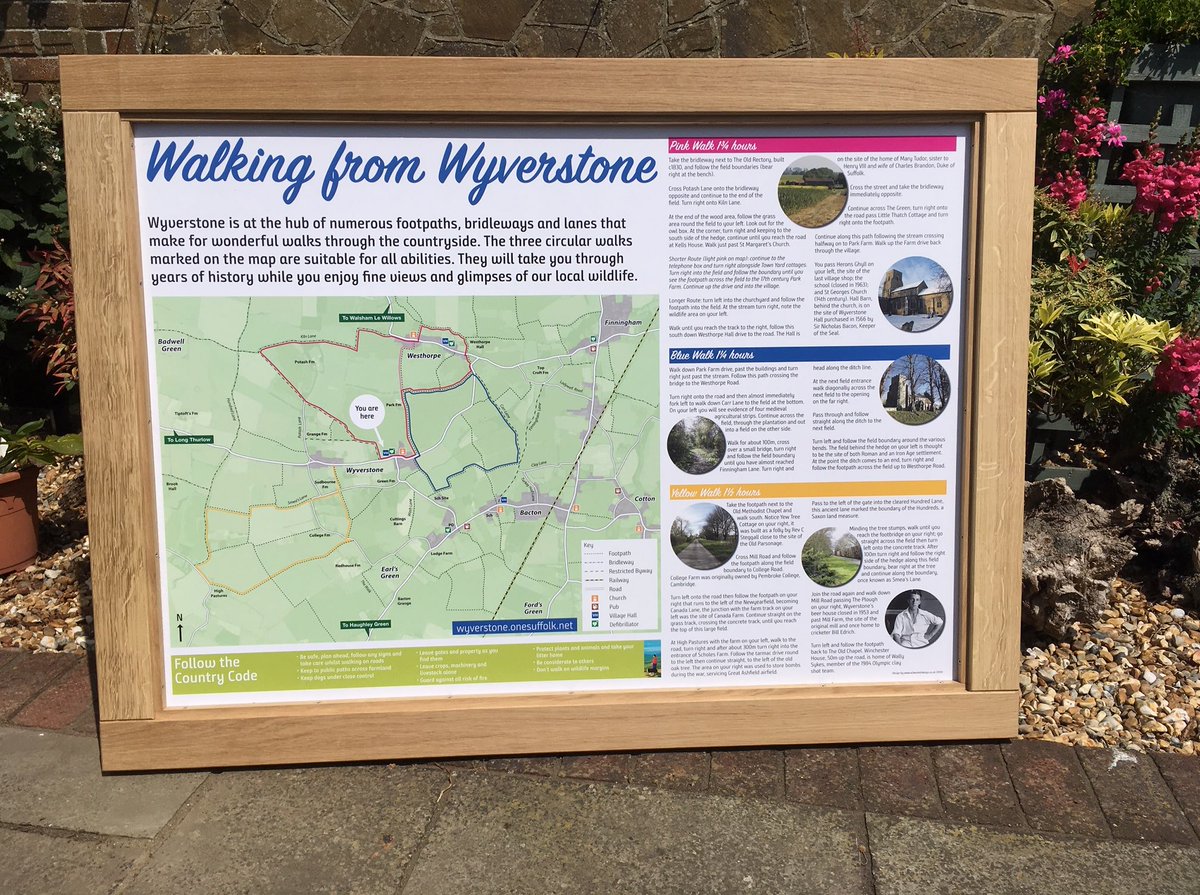 A new panel for the village of Wyverstone featuring walks around the beautiful countryside 
#wyverstone #interpretation #countrywalking #walkinformation #walkingsuffolk #suffolk #interpretationdesign <a href="/AcornWorkshop/">Acorn Workshop</a> @NovaDuraUK #graphicdesign #mapdesign
