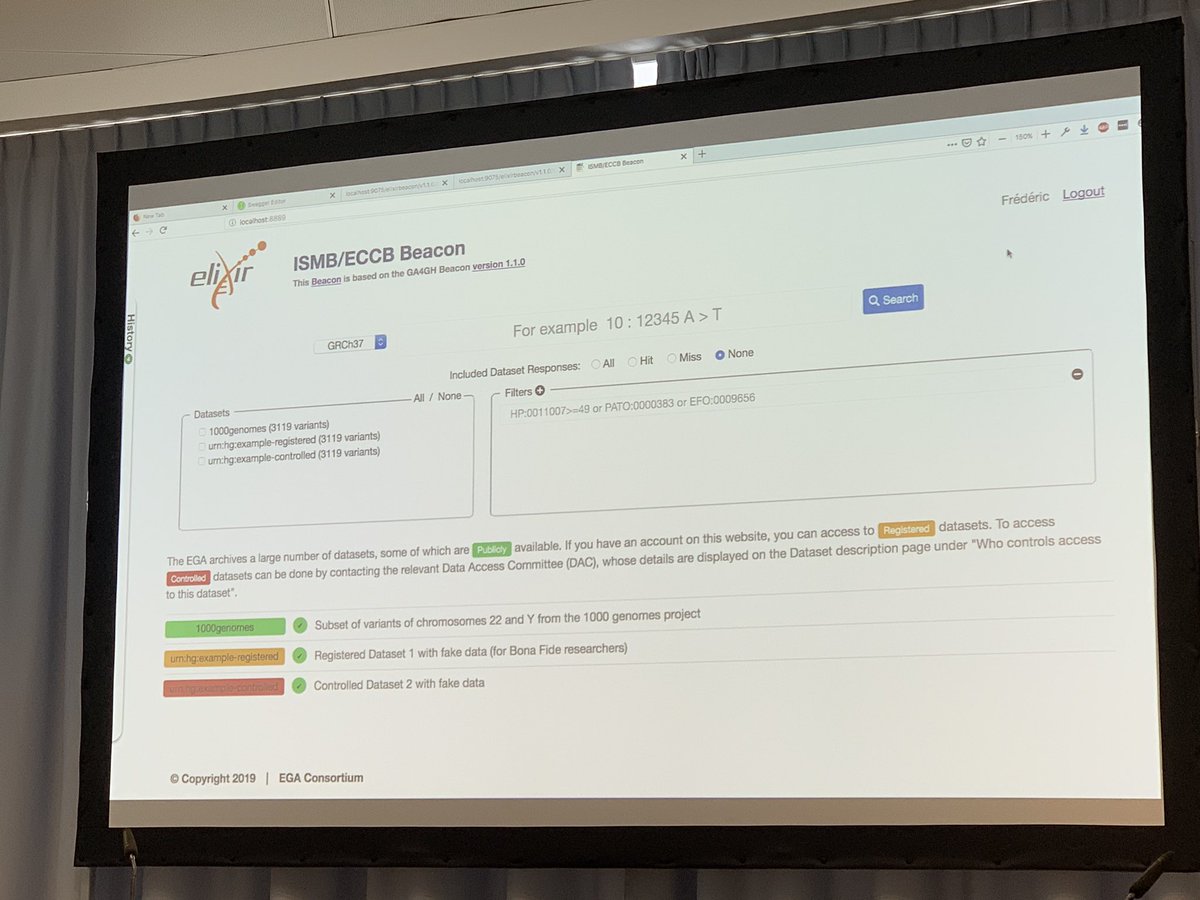 ELIXIREurope's tweet image. Now having a live demo from  Frederic Haziza on using the #BeaconAPI @GA4GH &amp;amp; how it works with the ELIXIR AAI for authenticated access #ISMBECCB