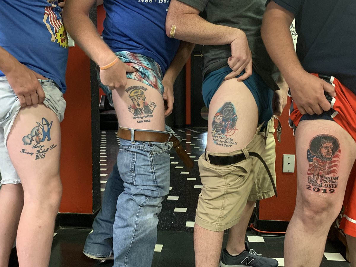 JamesWalker0023's tweet photo. You know it’s football season when league loser gets inked, and all football talk on @dpshow @SiriusXMFantasy and @RichEisenShow #mondaythoughts #kcco #FantasyFootball https://t.co/yFnRirsPvm