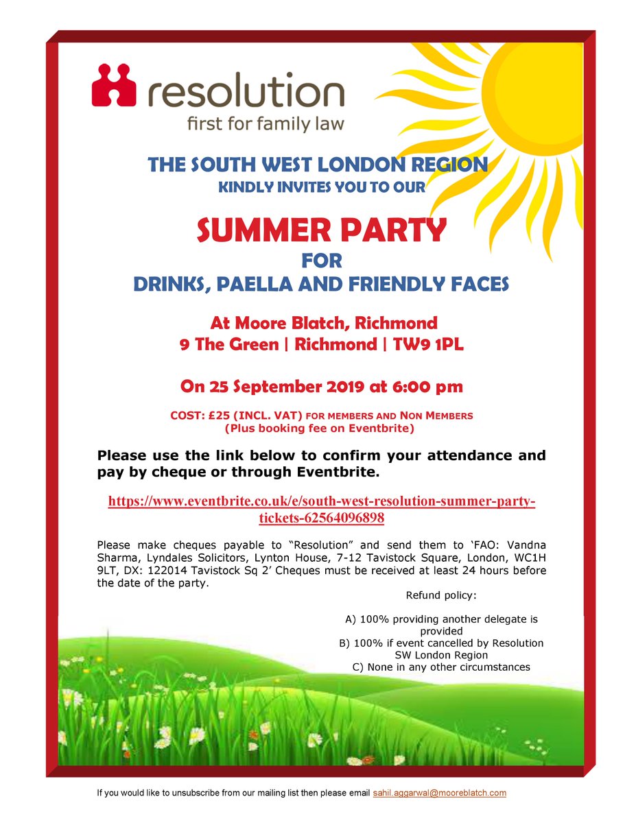 SWLResolution's tweet image. Due to unforeseen circumstances, we have rescheduled our Summer Party for Wednesday 25 September 2019. Moore Blatch is kindly hosting the event in their garden in Richmond and we look forward to seeing many of you there for drinks and paella in the sunshine (fingers crossed!).