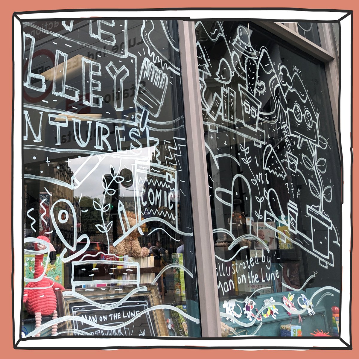 It was great fun to be invited to draw on <a href="/WaterstonesLKST/">Waterstones Lancaster King Street</a> windows last week ✏️

If you're in Lancaster go check out my doodles in the windows - plus my prints &amp; Lune Valley Adventure comics are now available to purchase from Waterstones!

#illustration #LoveLancaster