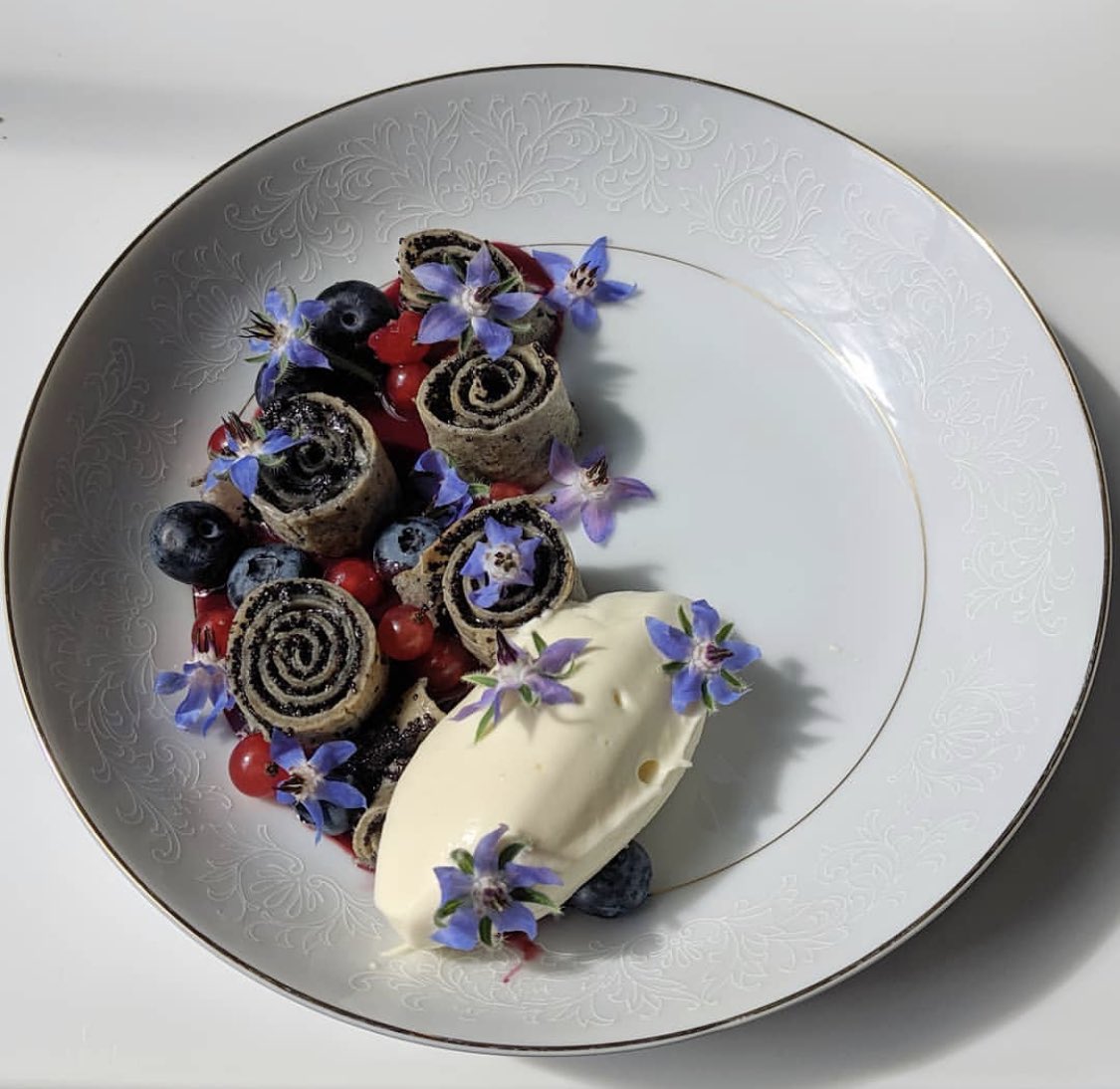 New dessert! Buckwheat Crêpe, poppy seed, blackberry soup, elderflower, fresh cream &amp; borage.