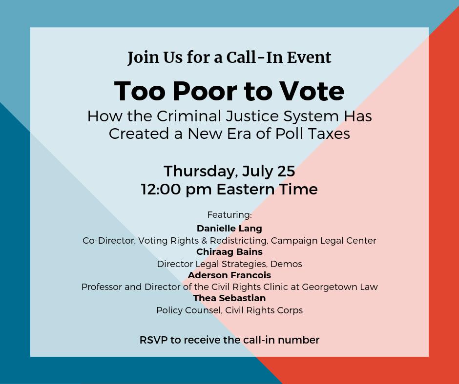 Have you RSVP'd yet? Join us on Thursday for a FREE conference call ☎️on how rules about fines and fees have created a system where your access to the voting booth depends on the size of your wallet. Sign up here to receive the call-in number: forms.gle/U4EbKffExBPVpf…