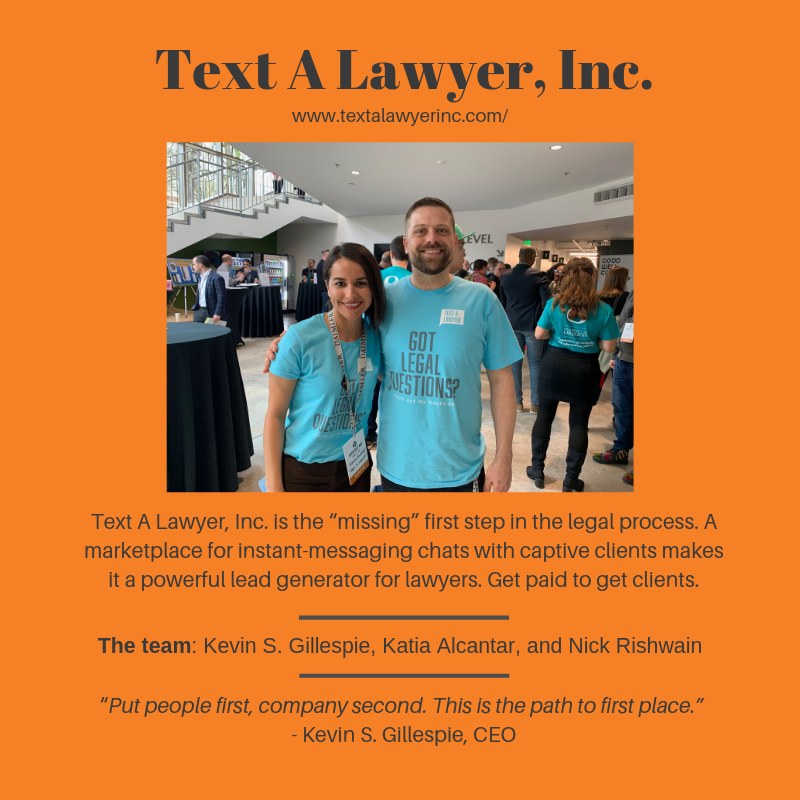 DukeLawTech's tweet photo. Part of the 2019 Duke Law Tech Lab, @textalawyer is the "missing" first step in the legal process. A marketplace for instant-messaging chats with captive clients makes it a powerful lead generator for lawyers. Get paid to get clients.
Learn more at https://t.co/p3ZFqn0xdF https://t.co/UqGFE6tplT