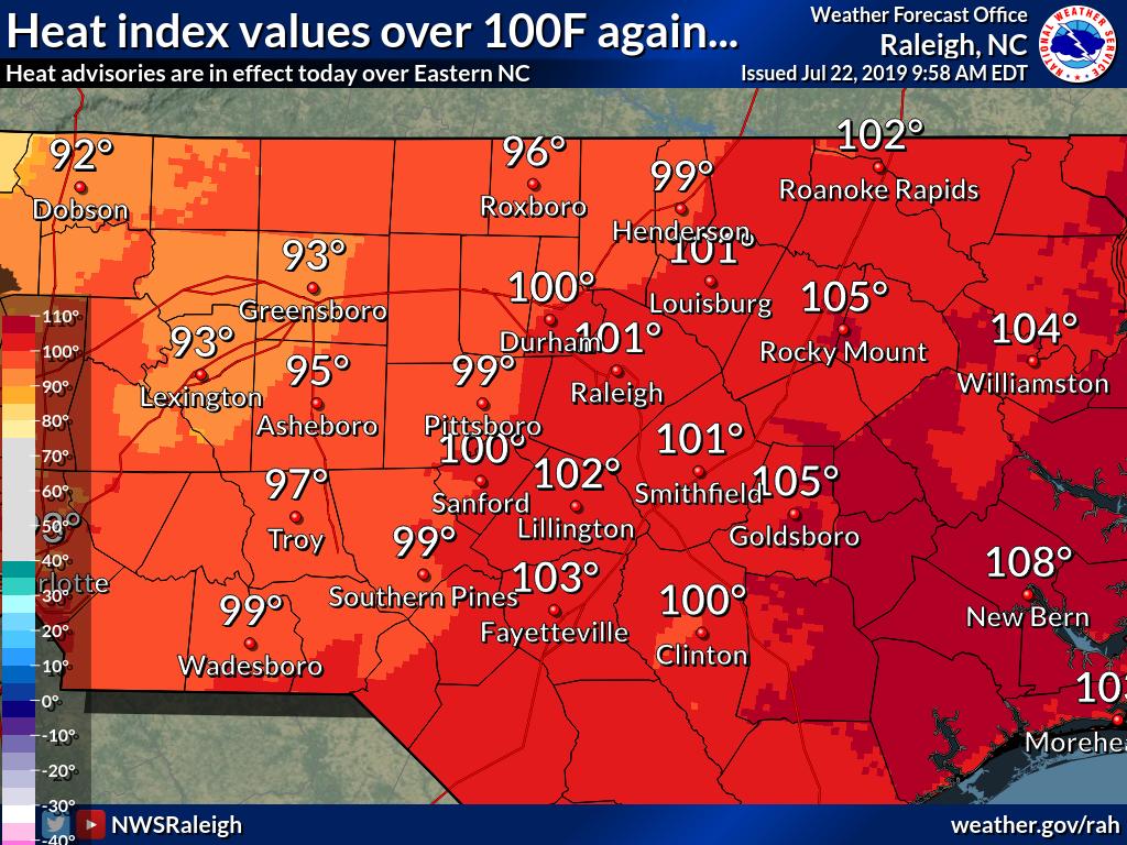 NWSRaleigh's tweet photo. One more day of dangerous heat. Heat index values will make it feel like >100F over much of central and eastern NC today. Keep following your heat safety rules: Stay out of the sunshine, stay in air conditioning, drink lots of water to stay hydrated, and take it easy! #ncwx https://t.co/k0vZqIIVMm