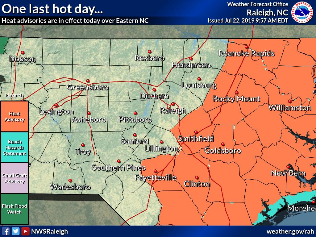 NWSRaleigh's tweet photo. One more day of dangerous heat. Heat index values will make it feel like >100F over much of central and eastern NC today. Keep following your heat safety rules: Stay out of the sunshine, stay in air conditioning, drink lots of water to stay hydrated, and take it easy! #ncwx https://t.co/k0vZqIIVMm