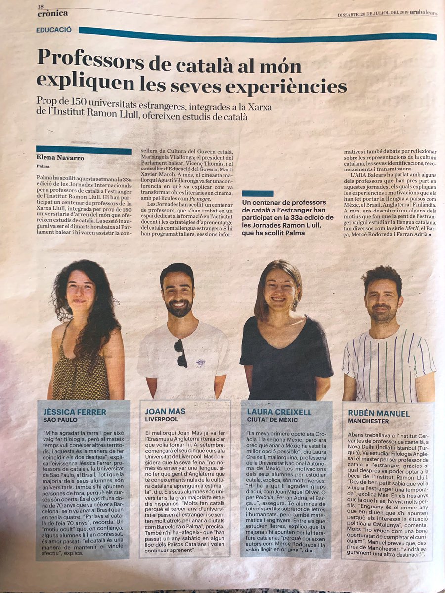 joan_mf's tweet photo. Last week I attended the International Conference for Catalan Teachers in Palma and shared my experience teaching at @livunilanguages with @diariARA @arabalears. Thanks to the @IRLlull for such a great opportunity. #33JIPC https://t.co/oG8aHfgdJs