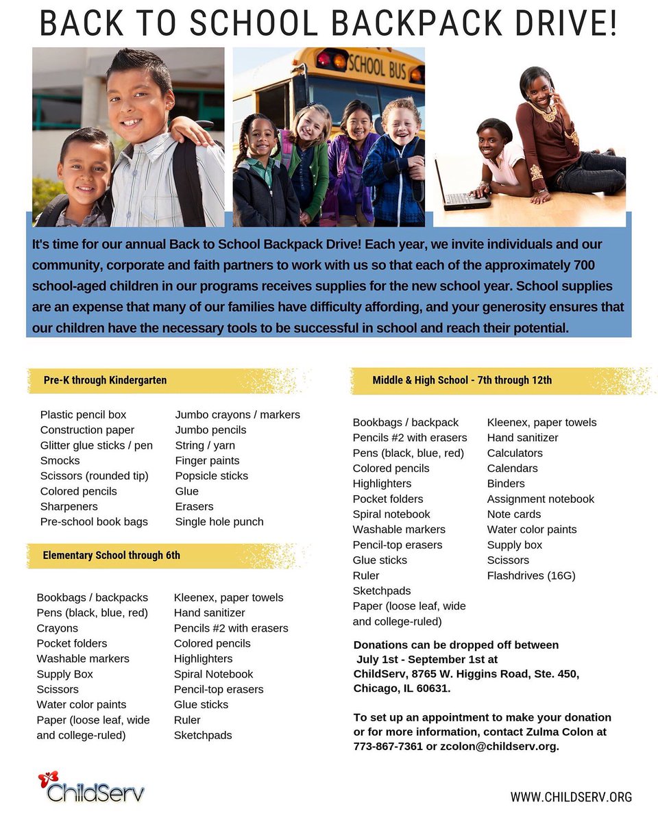 KAAIllinois's tweet photo. Make an impact in our kids’ lives as a contributor to our #2019BackToSchoolDrive & help them succeed in school! For more info or to set up a time to give, contact Zulma at zcolon@childserv.org or (773) 867-7361.
#ABetterLife #SocialImpact #InvestInKids #Backpacks #SchoolSupplies https://t.co/AZg7ZVoMt2