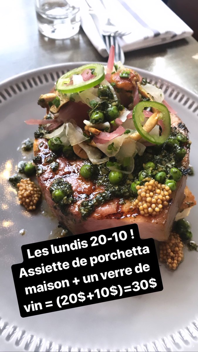 Ce soir, c’est les lundis 20-10 ! Gargantuesque assiette de notre porchetta maison + un verre de vin = (20+10) 30$. #chezvictoiredepuis2010