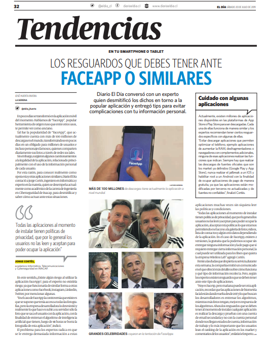 InacapLaSerena's tweet photo. Compartimos la nota publicada por el Diario @eldia_cl , sobre las recomendaciones entregadas por nuestro docente experto en ciberseguridad, Jorge Cortés, ante la irrupción de aplicaciones como FaceApp, y el supuesto robo de información personal. https://t.co/2Fa2obu2Z4