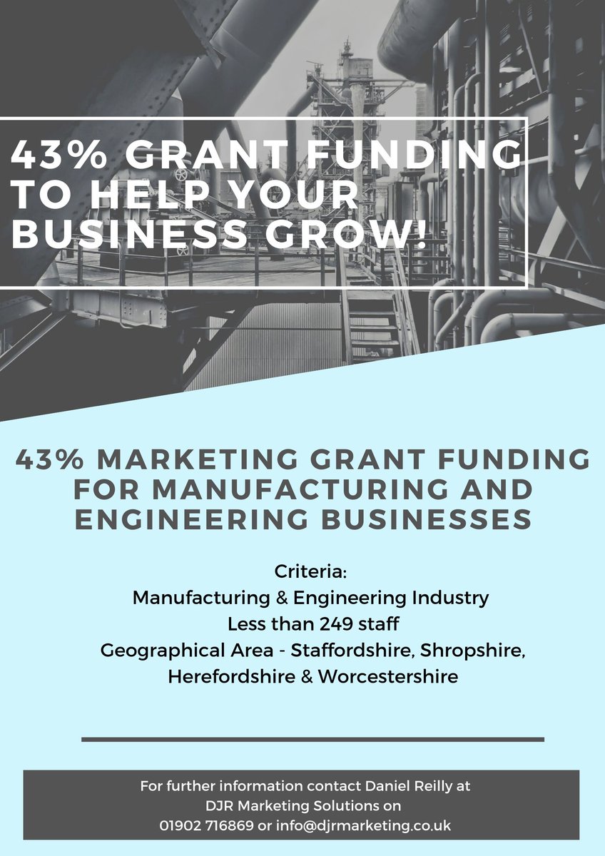 43% Grant Funding To Help Your Manufacturing Business Grow in Staffordshire, Shropshire, Herefordshire &amp; Worcestershire. Call 01902 716869 #worcestershire #staffordshire #shropshire #herefordshire ! #business #manufacturing #grantfunding #engineering #businessgrowth