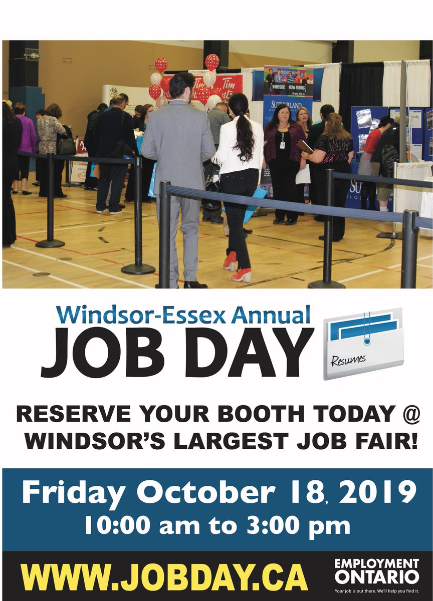 Reserve your booth today! #Jobs #Windsor #YQG #jobseeker @infowindsor <a href="/CityWindsorON/">City of Windsor</a> <a href="/DWBIA/">Downtown Windsor BIA</a> <a href="/Windsor_JOBS/">Winston McKellar</a> <a href="/WorkforceWE/">Workforce WindsorEssex</a> <a href="/CBCWindsor/">CBC Windsor</a> @AM800News