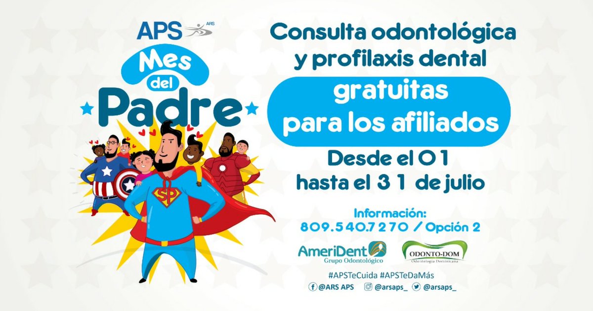 arsaps_'s tweet photo. Papá, realiza tu consulta odontológica y profilaxis dental gratuitas en @ameridentrd y @odontodomrd, como regalo por el Día del Padre. Tienes hasta el 31 de julio para hacerlo 🙋‍♂️.

Más información: 📲 (809) 540-7270 | opción 2. #APSTeCuida #APSTeDeMás #ElVerdaderoSuperhéroeEsPapá https://t.co/VnNjrxYf0B