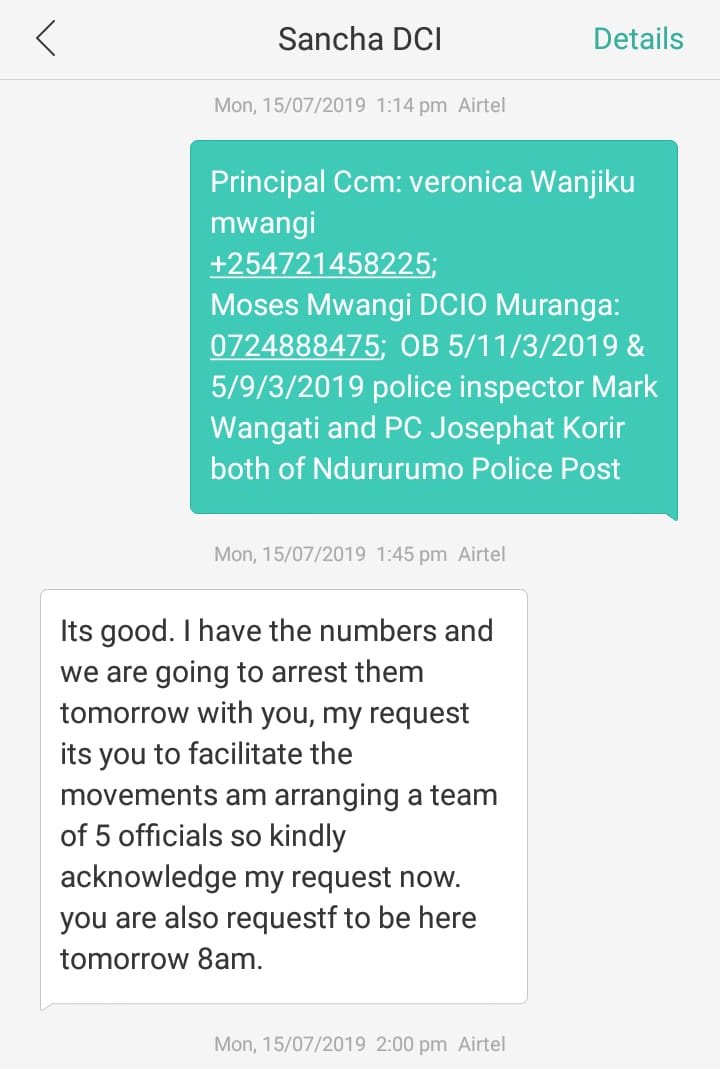 bonifacemwangi's tweet photo. Martha Wanjiru's daughter was assaulted and murdered in her bed by her school Principal, the crime covered up by the deputy and the matron.She informs me that the officer who was investigating her daughter’s murder is asking for bribes to arrest the killers. Here are screenshots. https://t.co/XfTR9kCglU