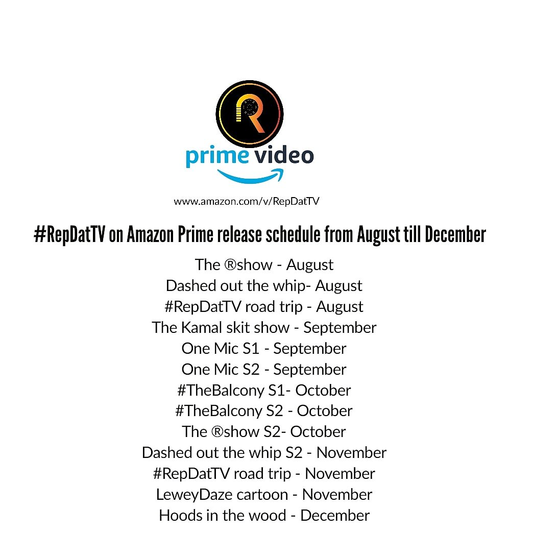 RepDatTV's tweet image. The ®show - August
Dashed out the whip- August
#RepDatTV road trip - August
The Kamal skit show - September
One Mic S1 - September
One Mic S2 - September
#TheBalcony S1- October
#TheBalcony S2 - October
The ®show S2- October
Dashed out the whip S2 - November