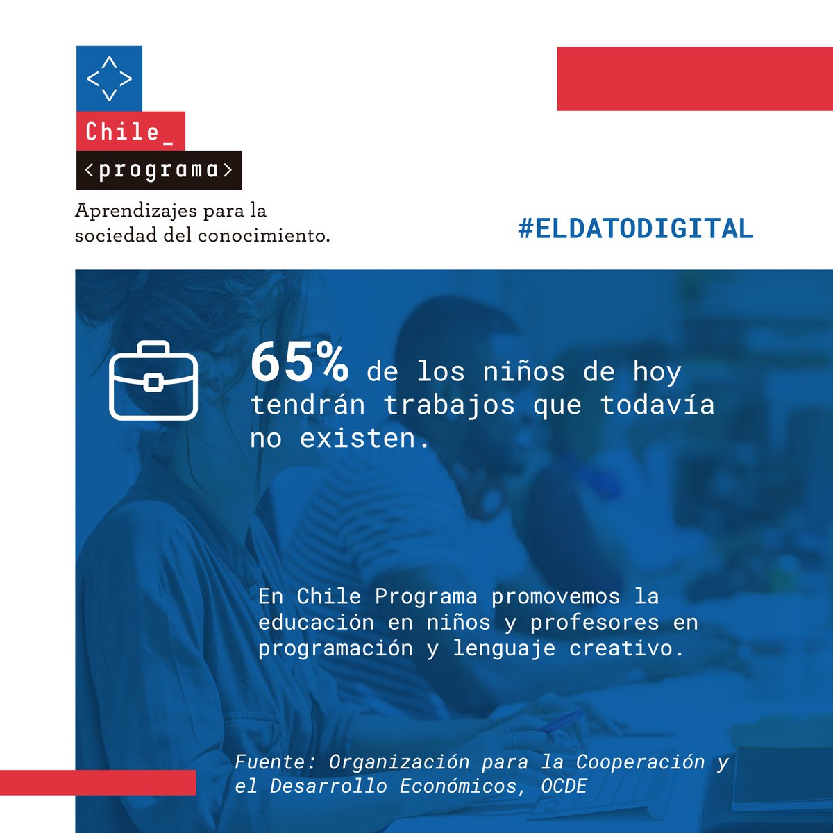 Chile_Programa's tweet image. El naturaleza de los trabajos está cambiando rápidamente y la mayoría de las labores del futuro serán roles totalmente nuevos. El desafío, prepararse desde ya. @Chile_Programa #eldatodigital #aprendeaprogramar #programación