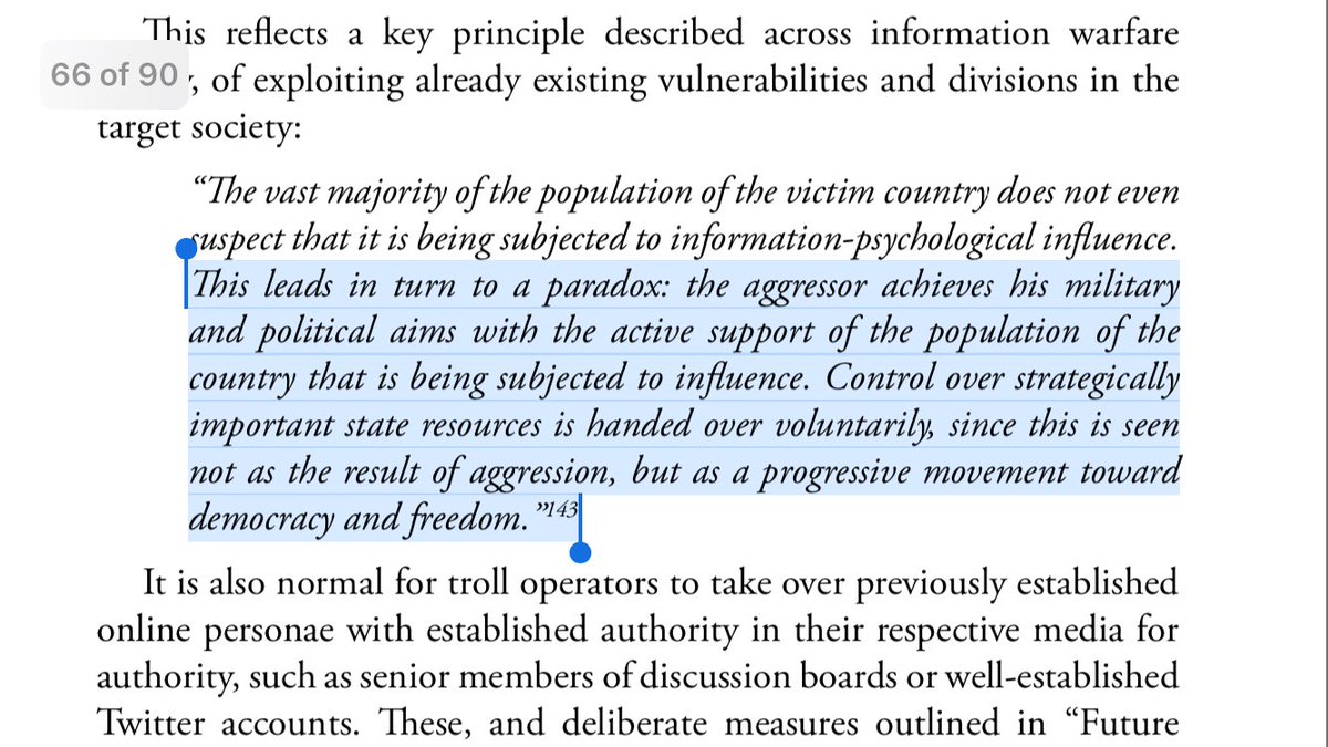 39/ DELIBERATE MEASURES: “The vast majority of the victim country does not even suspect it’s being subjected to information-psychological influence.”There is no easy line between determining a troll campaign and a misguided opinion: future impacts are underestimated.Wake up.