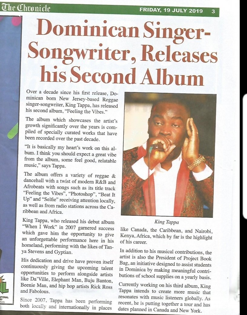 kingtappa's tweet photo. Big thanks to the  Dominica Chronicles News Paper for featuring  King Tappa Music. Please listen the album #feelingthevibes now available on all digital platforms. #news #reggae #kingtappa #download #share #trending @canjamfestivals @ReevaAnnWalker https://t.co/YY0tXdSLaU