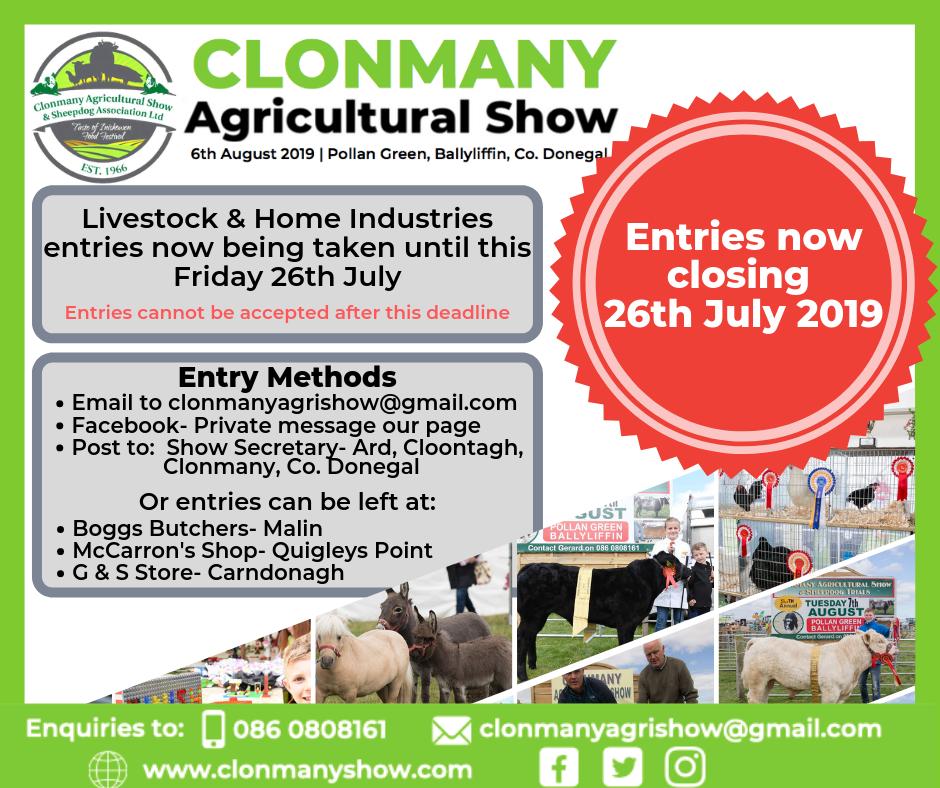 🔴 Closing date for entries now extended until this Friday 26th July 🔴

Entry forms are still available on our website 📄
clonmanyshow.com/schedule-entry…