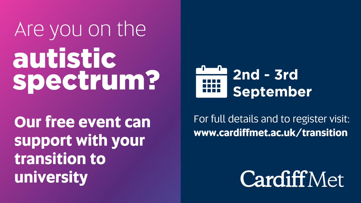CardiffMetSS's tweet photo. Are you coming to study at @cardiffmet this year or know anybody who is? We have some great events designed to help you transition into university life if you're particularly anxious or are on the autistic spectrum. Find out more here > https://t.co/44GNeyq0kN https://t.co/E0yQrSZosq