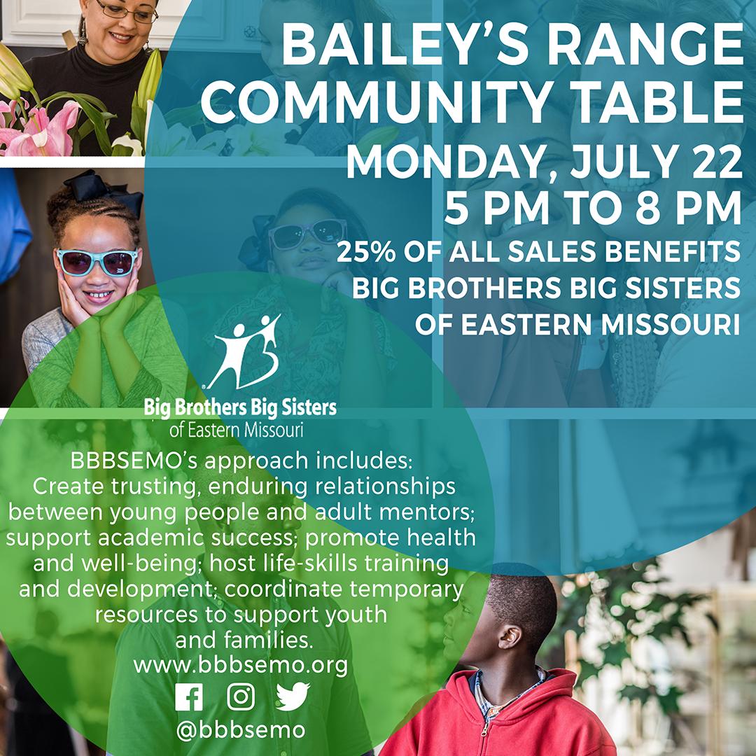 Baileys' Range (@baileysrange) on Twitter photo Join us tonight for Community Table! We're teaming up with <a href="/BBBSEMO/">BBBS of Eastern MO</a> and donating a portion of our sales to help their mission of giving extra love, fun, and support to young people in need. See you there! Join us tonight for Community Table! We're teaming up with <a href="/BBBSEMO/">BBBS of Eastern MO</a> and donating a portion of our sales to help their mission of giving extra love, fun, and support to young people in need. See you there!
