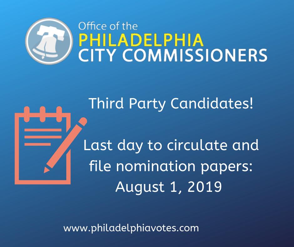 August 1st is the last day for third party candidates to circulate and file nomination papers to appear on the ballot in November. Follow this link to see further instructions: ow.ly/QlPb30p7bSD