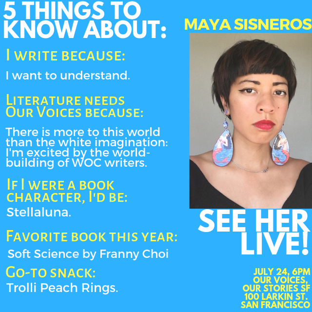 OVOSsf's tweet photo. 5 Things to Know About #Oakland -based writer #MayaSisneros: her fav book of 2019, what makes her write, plus her go-to snack! Hear her LIVE on July 24th, 6pm at @sfpubliclibrary. FREE with RSVP: https://t.co/dSdR8y8f2P https://t.co/xQexLgxQQU