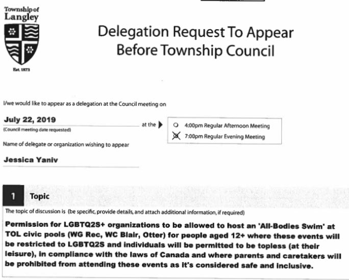 Jessica Yaniv is hosting a topless LGBTQ swimming event for girls (“people”) 12 and up where parents and guardians are not permitted to be present.