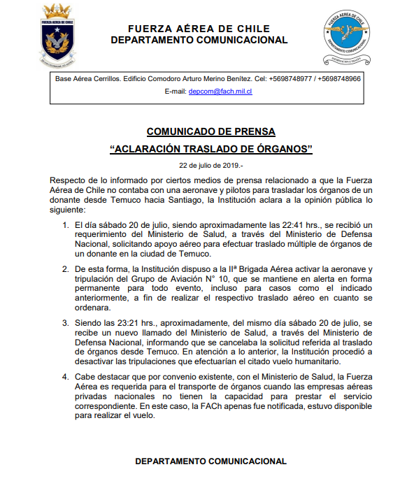 FACh_Chile's tweet photo. 🔵 Comunicado de prensa: "Aclaración traslado de órganos" https://t.co/GFzbkT7MIH