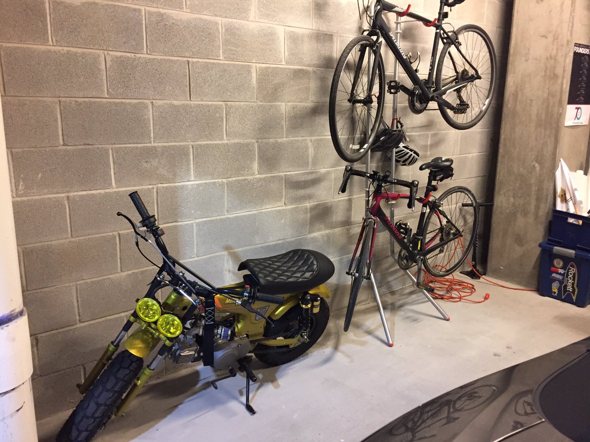 jphirsch's tweet image. The bike wall in the garage has a new addition .::. #hondaminitrail #hondact70 #specializedruby #specializedsirrus #specializedbikes #funwithbikes