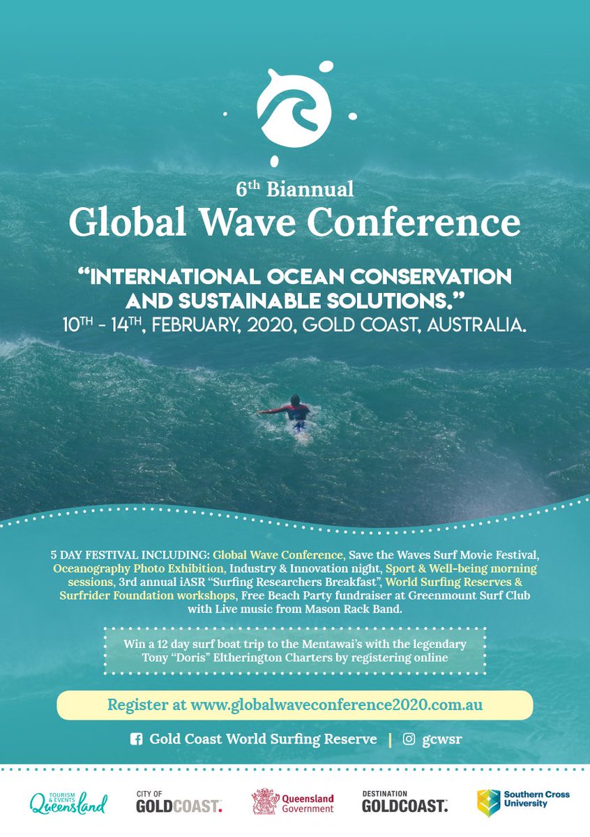 We are hosting the 6th Biannual Global Wave Conference on the Gold Coast at the #SouthernCrossUniversity 
Gold Coast Campus! From the 10th - 14th February, 2020, we will be seeking sustainable solutions for a healthier, cleaner and safer ocean!
Join us! globalwaveconference2020.com.au