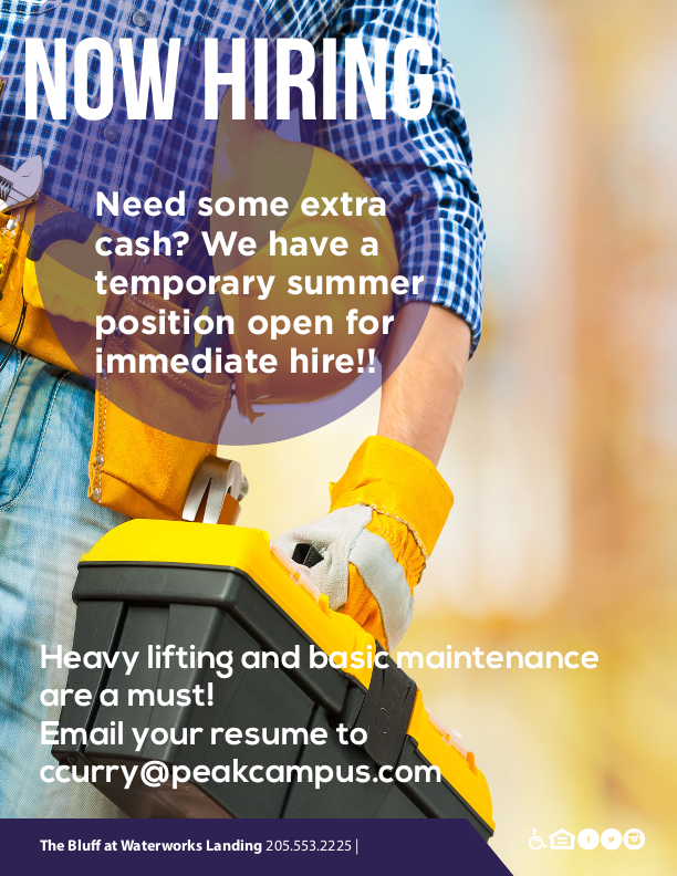 We are hiring! If you are looking for a temporary summer job, send your resume to Camesha to ccurry@peakcampus.com!
