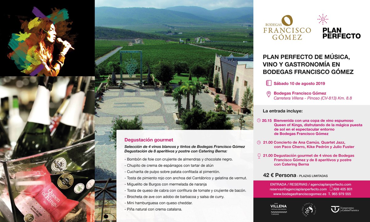 A_PlanPerfecto's tweet photo. Plan perfecto de música, vino y gastronomía en @BodegasFG para disfrutar con tu pareja y amigos 🥂🎷🍷🎷
📅10/8/19
🎟https://t.co/eh5bmraVOl
#PlanPerfecto #BodegasFG #Villena #Enoturismo #CostaBlanca #concierto #jazz #vino #gastronomía #Alicante
@TurismoVillena
@rvalicante https://t.co/HHIrsDngg9