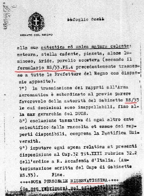 Wikileaks_Ita's tweet photo. Senato del Regno : Disposizioni speciali su aeromobile sconosciuto - Nota personale #RISERVATISSIMA

Incaricare speciale sezione #RS33 dell'#OVRA...indirizzare ogni rapporto #MaxSegretezza e precedenza su tutte le priorità.. https://t.co/P7pTUh4pYu