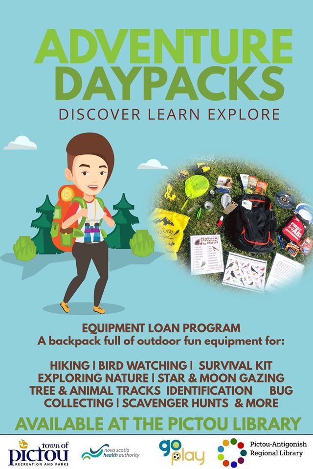 PARLevents's tweet photo. We have Adventure DayPacks @ #PictouLibrary! many thanks to @TOWNofPICTOU Recreation, &amp; our local #PictouWest #CommunityHealthBoard 😊 Discover. Learn. Explore!  today with your free @PARLevents library card! @LetsMoveLibrary @APCcoordinator @ParticipACTION @EarthDayCanada 🦋🐾🌳 https://t.co/8iAIzsWk6Y
