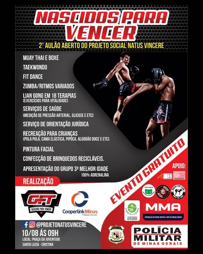 fmmamg's tweet photo. Vem aí mais uma edição do evento NASCIDOS PARA VENCER!🏆
2° Aulão do Projeto Social Natus Vincere, que será realizado no dia 10 de Agosto, na Praça da Juventude, bairro Cristina, Santa Luzia/MG.
#FMMAMG #social https://t.co/7gvtLEU7WE