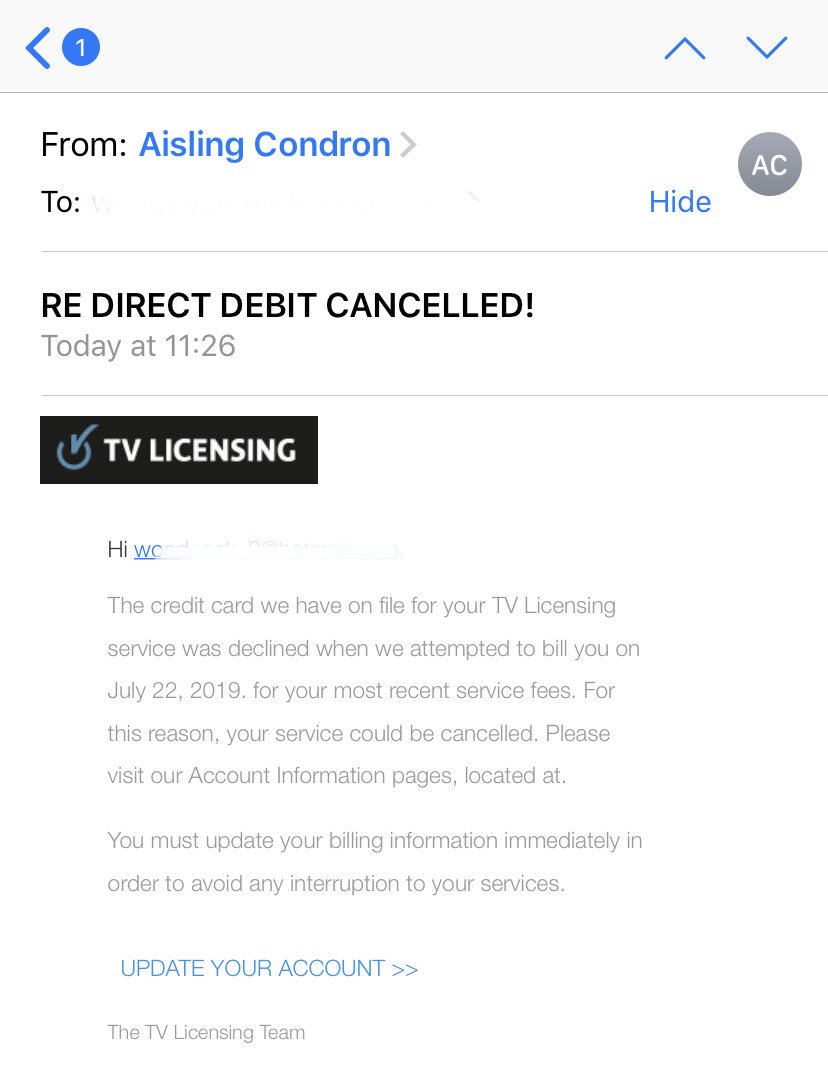 GeorginaWoodco's tweet photo. Would you respond to this TV Licensing email? This landed in my Inbox today!
I shall not be clicking on the link, nor giving out my information, now reported to @actionfrauduk . Always verify via a trusted source! Very convincing but STOP ✋@TakeFive &amp; #Verify #Tell2  #ScamAlert https://t.co/YKdTkMNKJn